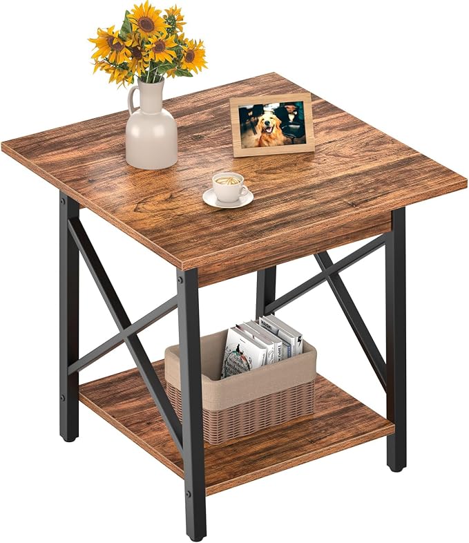 GreenForest Square End Table 24 Inch with X-Frame 2-Tier Storage | Nightstand for Living Room & Bedroom, Rustic Decor, Sturdy, Waterproof Scratchproof Top, Easy Assembly, Walnut