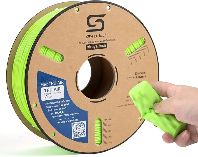 Siraya Tech Flex TPU Air - Lightweight Active Foaming Flexible 3D Filament, Adjustable Hardness 65A-82A, High-Speed Printing, Easy to Use, for Wearables, Sports Gear & Soft Prototypes (Green, 1kg)