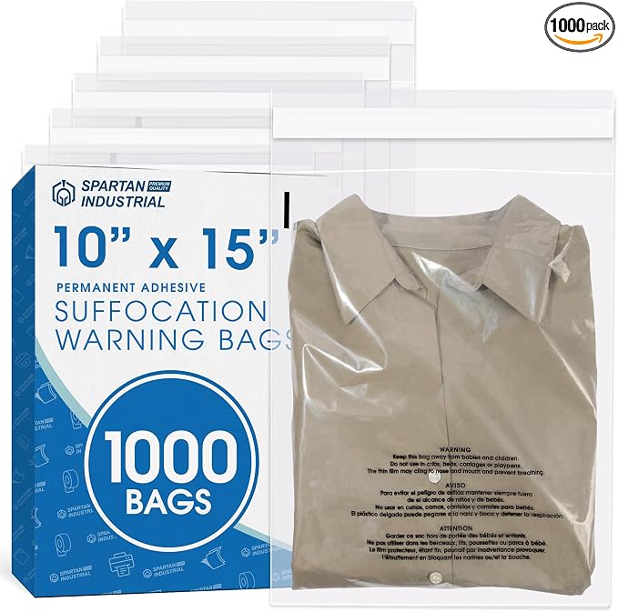 Spartan Industrial - 10" X 15" (1000 Count) Self Seal Clear Poly Bags with Suffocation Warning for Packaging, T Shirts - Permanent Adhesive