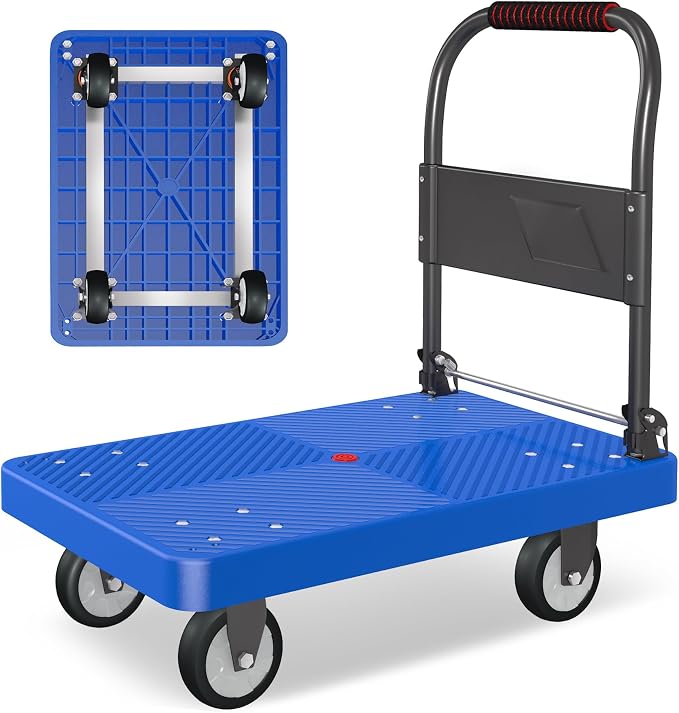 Platform Truck, 880lbs Capacity Heavy-Duty Foldable Hand Cart w/ 360° Swivel Wheels, 4 Steel Pipe Support Beams Push Dolly Cart for Warehouse Garage Home Use (27" Lx18 Wx31.5 H)