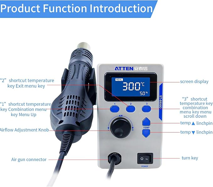 Hot Air Rework Station, ATTEN ST-8800D 800W Digital Display Automatic Sleep Hot Air Gun Soldering Station, Adjustable Temperature Desoldering Gun BGA Rework Station