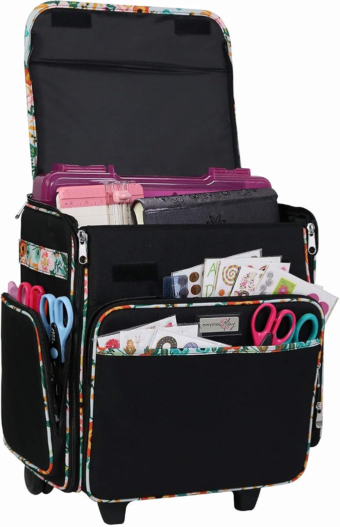 Everything Mary Rolling Scrapbook Tote – Black & Floral Trim Craft Bag with Wheels – Storage Organizer for Scrapbooking, Papercraft, Art Supplies & Craft Tools