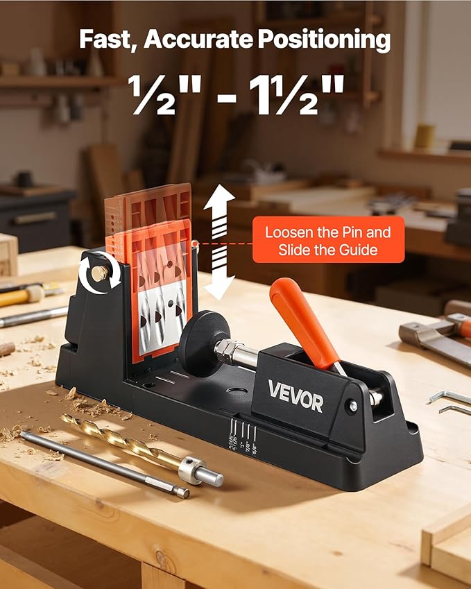 VEVOR Pocket Hole Jig Kit, 1/2" to 1-1/2" Adjustable, Lightweight Jig Pocket Hole System with Dust Collection Adapter, Detachable Guide Block, Drill Bit, Stop Collar, Easy Adjusting, for Woodworking