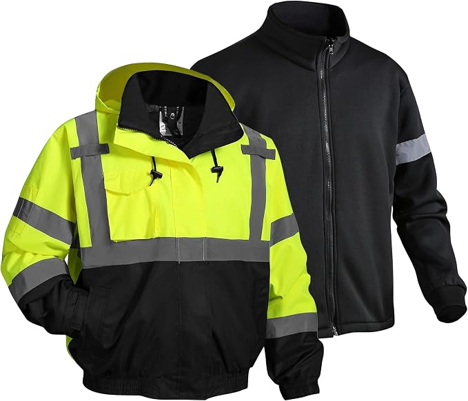 3 in 1 Safety jacket,Reflective high Visibility Hooded jacket,Hi Vis Bomber Jacket shell and fleece lining,Waterproof,ANSI Class 3 Black Bottom Lime,3XL