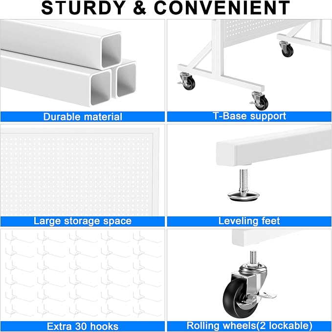Folews Metal Peg Board Display Stand 24″ x 70″, Freestanding Pegboard Organizer with Wheels & 30 Hooks, Portable Rolling Pegboard Display Rack for DIY Retail Craft Fair Garage Display & Storage, White