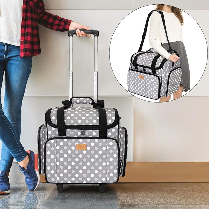 LUXJA Serger Case with Detachable Dolly, Bag with Removable Padding Pad (Fit for Most Standard Machines), Gray Dots