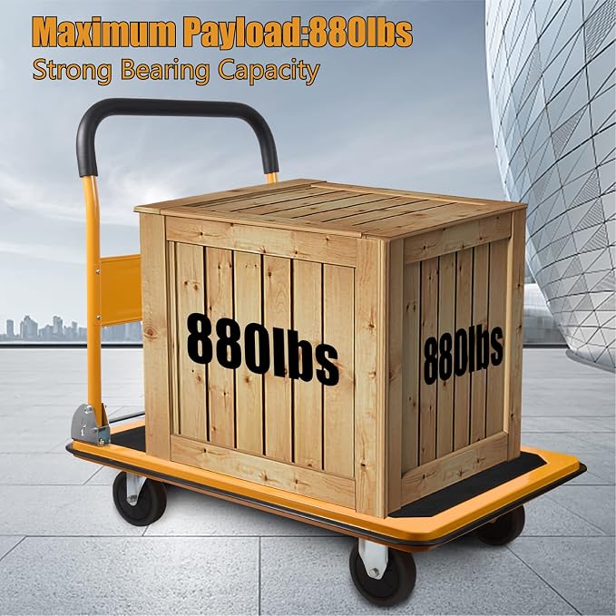 LEADALLWAY Platform Truck Large Size 880lbs 35.8x24x34.3inches Yellow with 2 Rope+Collapsible Service Cart