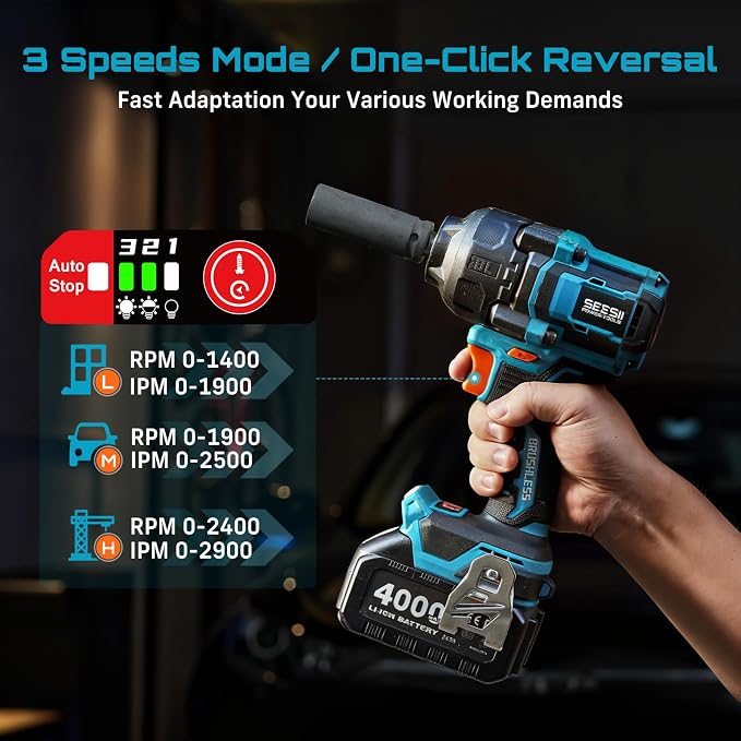 Seesii Impact Wrench 886 FT-LBS(1200N.m) 2900IPM 1/2 Impact Gun High Torque Electric Impact Driver Cordless Impact Wrench with 21V 4.0Ah Battery 5 Socket&Case for Home Car Tire Lug Nut Removal Tool