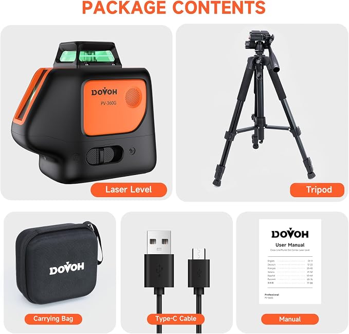 DOVOH Plumb Dot Laser Level with Tripod, 360 Degree, PV-360G-KIT | 2 Plumb Points, Self Leveling, Rechargeable, Green Beam, Entry Level, For Layout, Framing, HVAC, Plumbing, Construction