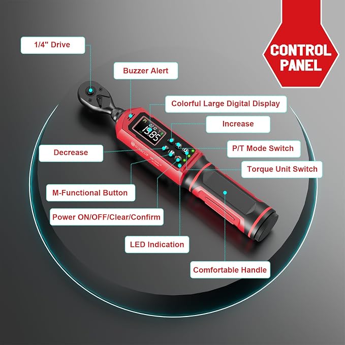 SUERCUP 1/4" Digital Torque Wrench, 0.33-22.1Ft.Lb/0.45-30N.m, for Bicycle | ±1% Accuracy Electronic Torque Wrench with Vibration/Buzzer/LED Flash, 9 Presets & 5 Units, for Carbon Bike & Moto Assembly