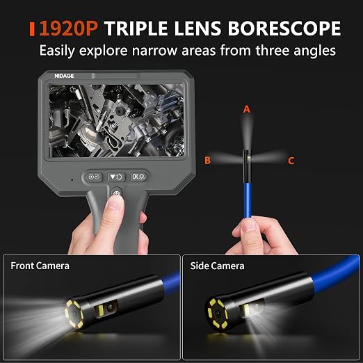 Triple Lens Borescope 1920P HD Endoscope Camera with Light, 4.3" IPS Screen IP67 Waterproof Snake Inspection Camera Industrial Bore Scope Cam for Auto Mechanic Plumbing Tools Gift for Man