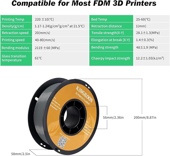 Kingroon PLA 3D Printer Filament, Dimensional Accuracy +/- 0.02 mm, 1kg Spool(2.2lbs), 1.75 mm, 2KG Grey