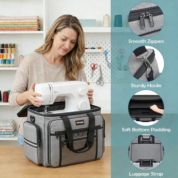 Sewing Machine Case with Wheels - Detachable Rolling Sewing Machine Case Fits Most Standard Sewing Machines And Storage Sewing Accessories, For Singer, Brother, Janome, Grey