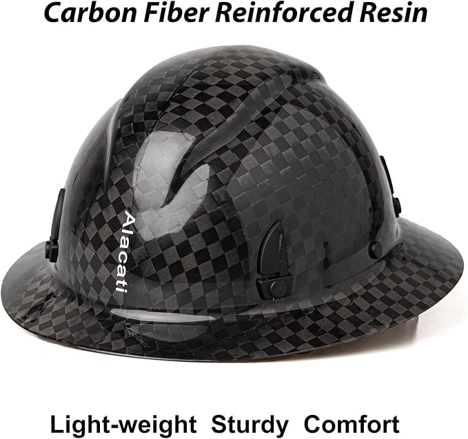 Carbon Fiber Hard Hat Full Brim with Goggles- Safety Helmet with 6-Point Adjustable Ratchet Suspension- ANSI Z89.1 Compliant