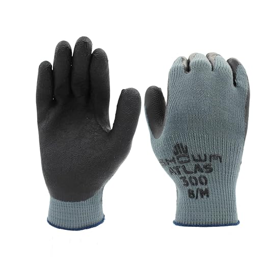 SHOWA Atlas 300B Original 1994 Crinkle Grip Work Gloves, Natural Latex Palm, Heavy Duty 10-Gauge for Construction, Landscaping, Gardening, & Masonry, Black, Large, Vending Pack, 12-Pair