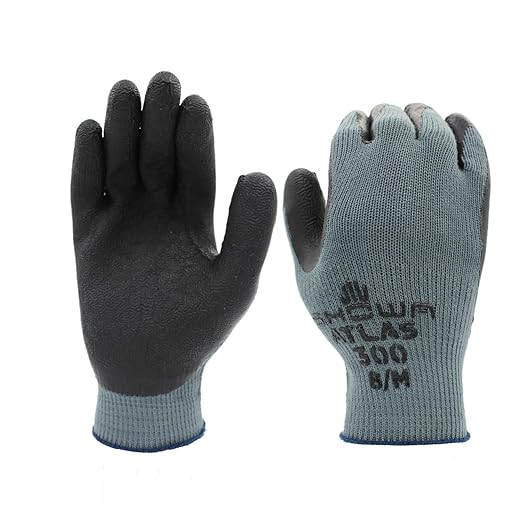 SHOWA Atlas 300B Original 1994 Crinkle Grip Work Gloves, Natural Latex Palm, Heavy Duty 10-Gauge for Construction, Landscaping, Gardening, & Masonry, Black, Medium, Vending Pack, 12-Pair