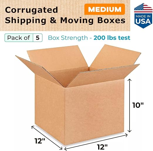 Medium Moving & Shipping Boxes 12 x 12 x 10 inches (5-Pack) - Extra Strength 200 lb vs Regular - USA-Made Corrugated Durable Boxes for Packaging - Medium Carton Box for USPS/FedEx by IDL Packaging