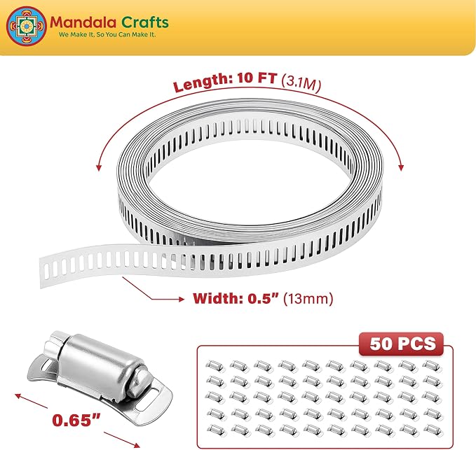 Mandala Crafts 10 FT Adjustable Worm Gear Hose Clamps 304 Stainless Steel Pipe Clamps - Metal Straps Band Strapping with Holes 50 Fasteners for Duct Automotive Mechanical