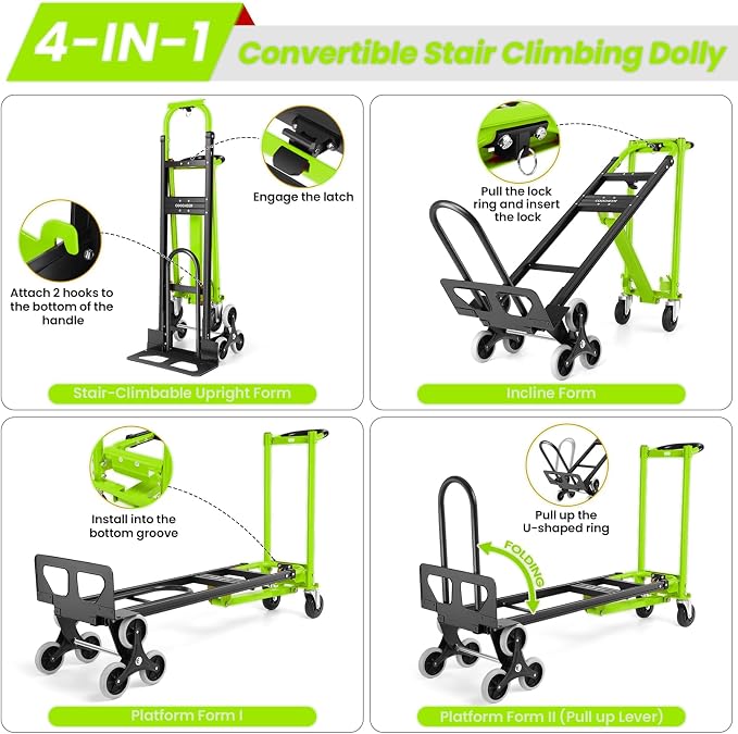 1000LBS Heavy Duty Aluminum Stair Climbing Dolly, 3 in 1 Convertible Hand Truck, Folding Hand Truck Dolly Cart with Solid Wheels for Moving/Travel/Office (Green)