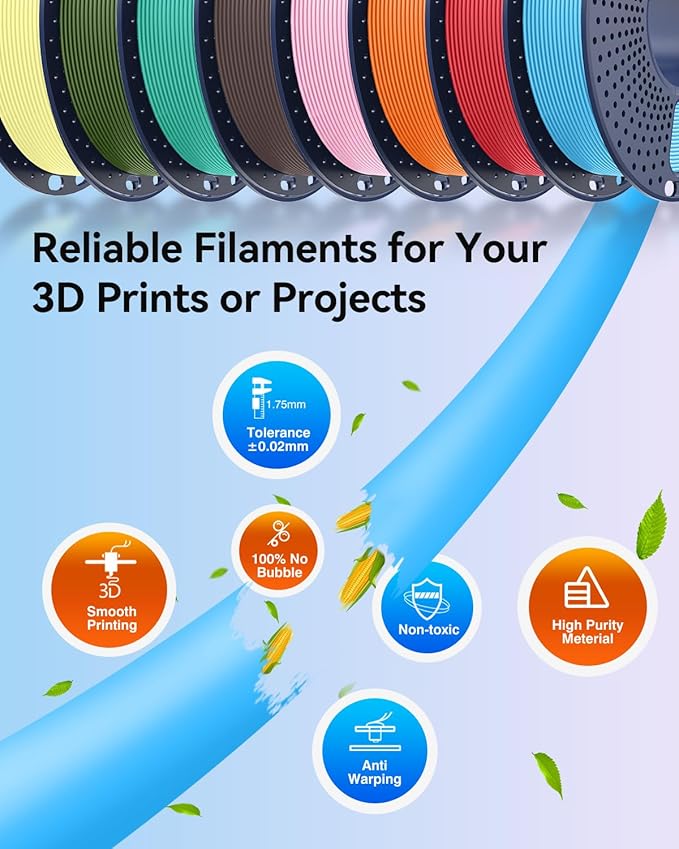 JAYO PLA 3D Printer Filament Bundle 2KG, 1.75mm Dimensional Accuracy +/- 0.02mm, 8 Pack 0.25kg Spool (Sky Blue, Cherry Red, Sunny Orange, Sakura Pink, Chocolate, Olive Green, Mint Green, Lemon Yellow)