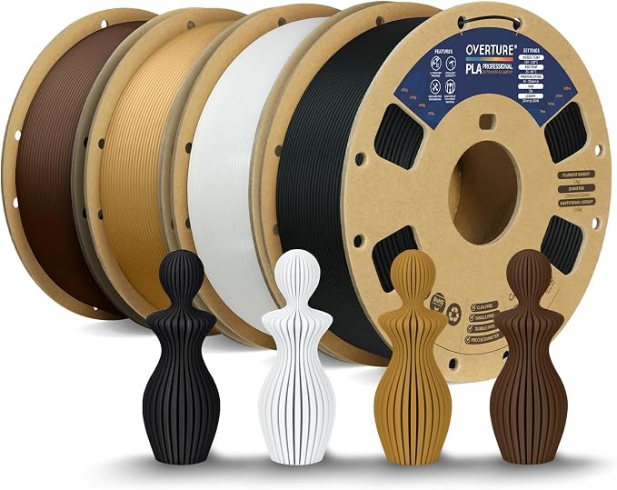 OVERTURE 4KG Bundle PLA Plus (PLA+) Filament 1.75mm, Stronger & More Durable, Professional Toughness 3D Printer Filament 1kg (2.2lbs) 4 Pack (Black+White+Brown+Chocolate)