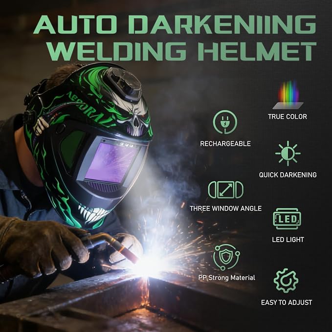 Panoramic View Auto Darkening Welding Helmet with Light, 1/1/1/1 True Color Solar Powered Welding Hood Mask, 4 Arc Sensor Wide Shade 4/5-9/9-13 for TIG, MIG, ARC, Cut, Grinding, AC-28800G-DT