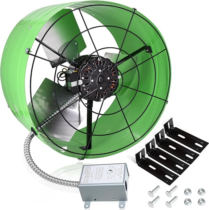 Criditpid 16 Inch Gable Mount Vent Attic Fan, Exhaust Ventilation Fan with Adjustable Thermostat for Gable, Home, Shed, Garage, Portable Building, 3.4A, 1075RPM, 2801CFM, Green.