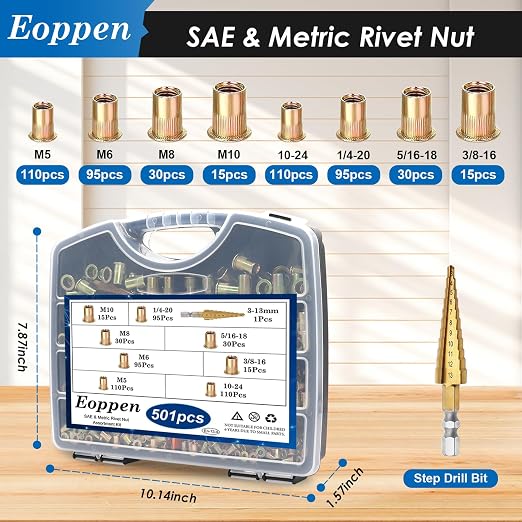 Rivet Nut Tool Kit, 14 Inch Rivnut Tool Kit with 8 Metric and SAE Mandrels (M5, M6, M8, M10, 1/4-20, 5/16-18, 3/8-16) and 500Pcs Rivet Nuts with a Step Drill Bit and Rugged Carrying Case