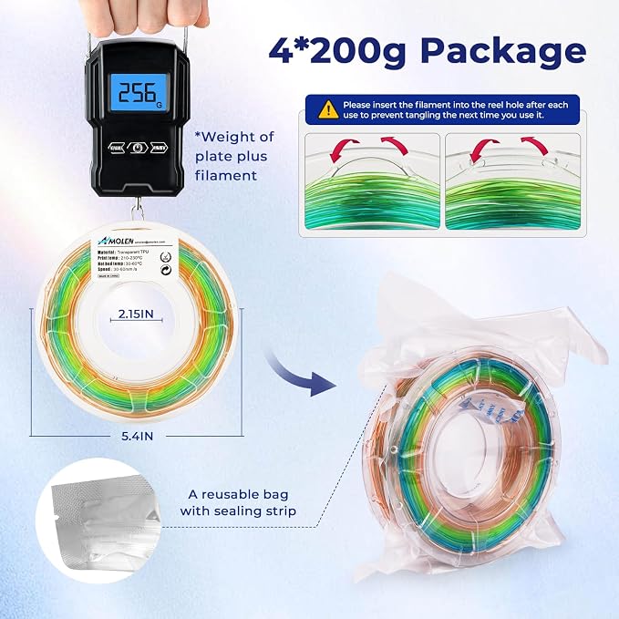 AMOLEN TPU 3D Printer Filament Bundle, Transparent Multicolor Rainbow TPU 1.75mm, Color Change Flexible Soft TPU 3D Printing Filament Supports High Speed, 200gX4 Spools