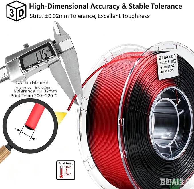 Dual-Color PLA Filament 1.75mm Black-Red, ±0.03mm Precision, 1kg Spool (2.2 lbs), Smooth Gradient Two-Tone PLA, Neatly Wound & Compatible with Most 3D Printers