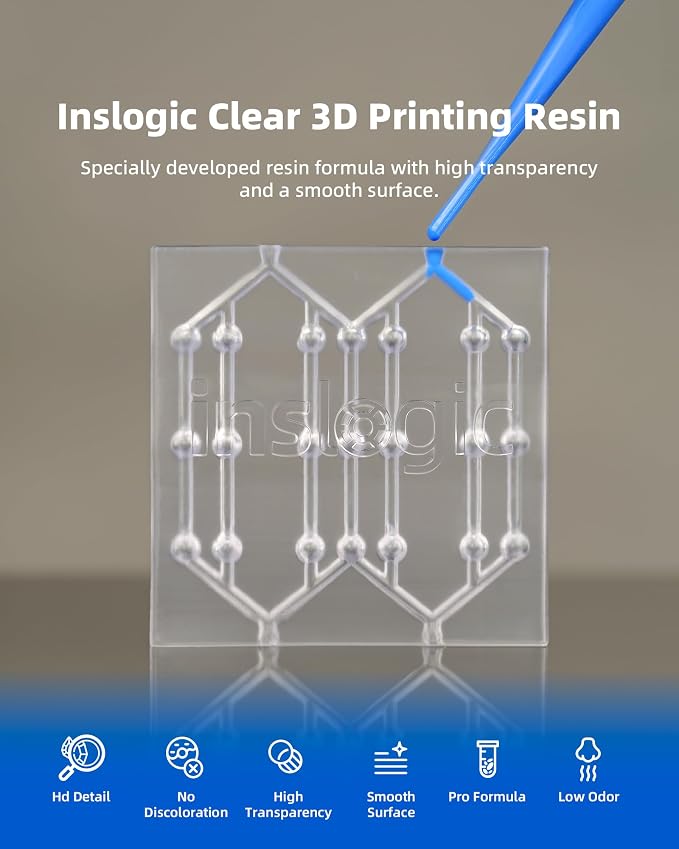 Inslogic High Clear 3D Printer Resin, Yellowing & Blue Tint Resistant, Highly Transparent & High Precision & High Stability, 405nm UV-Curing Resin for LCD/DLP/SLA 3D Printing (Clear, 1kg)