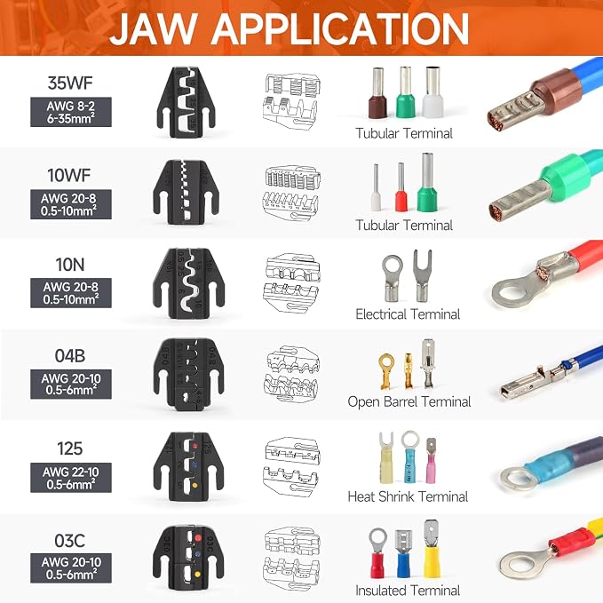iCrimp Ratcheting Crimping Tool Set 8 PCS - Quick Exchange Jaw for Heat Shrink, Open Barrel, Insulated and Non-Insulated Ferrules AWG 20-2
