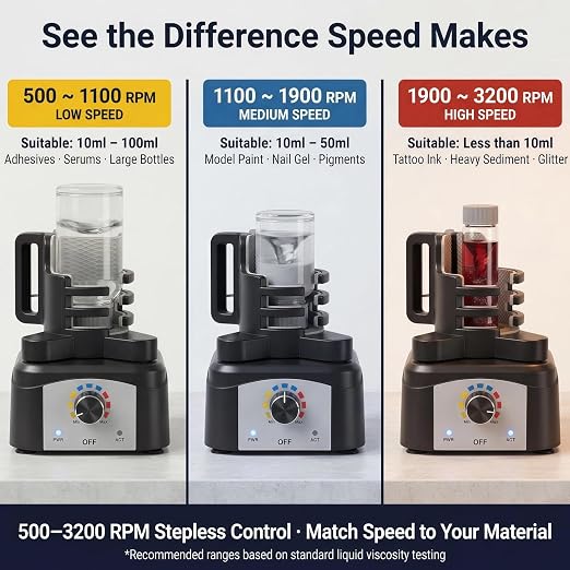 Vortex Mixer Shaker, 500-3200 RPM Adjustable Speed - Hands-Free Electric Paint Mixer for Hobby Model Paints, Tattoo Ink, Nail Polish & Lab Test Tubes - Includes Stable Holder