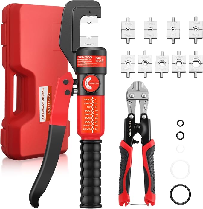 GETLITOOL 8-Ton Hydraulic Crimping Tool Kit with 9 Dies & Wire Cutter, Heavy-Duty Hydraulic Crimper for Battery Cables, Lugs, and Terminals for Electrical, Solar, and Automotive Applications