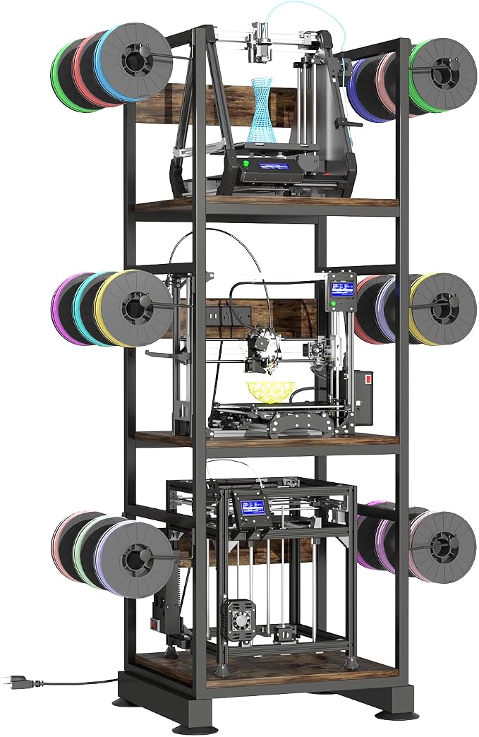 3D Printer Stand with Filament Storage,3D Printer Rack with Power Outlet,Heavy-Duty 3D Printer Storage Shelf for ABS/PLA/TPU Filament Spools,Perfect for 3D Printing Workshops, Retro Brown