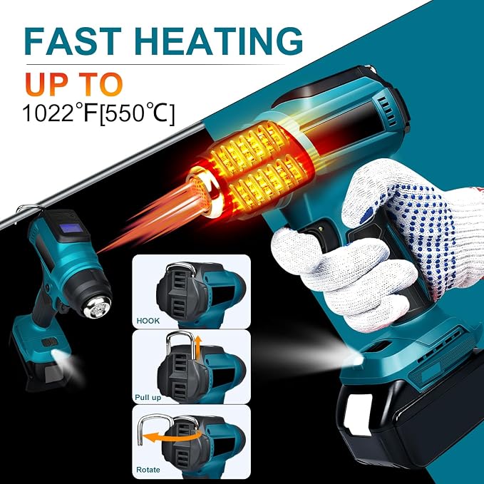 Cordless Heat Gun for Makita 18v Battery, 350W 122℉-1022℉ Fast Heating Soldering Hot Air Gun with LCD Digital Display for Shrink Tubing, PVC Wrap