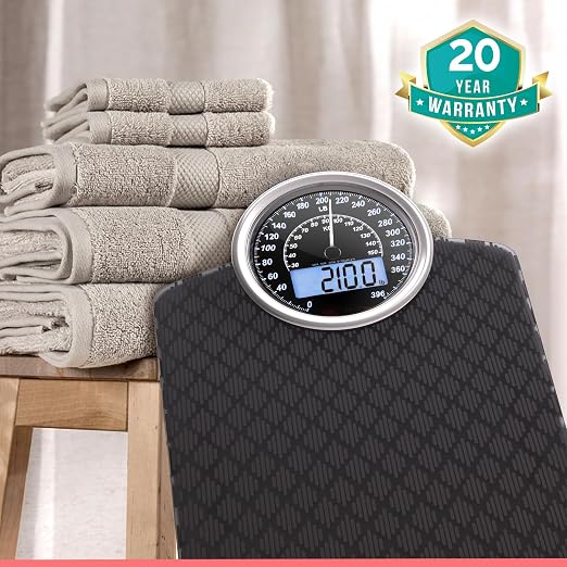 Hybrid Bathroom Scale - Analog & Digital Display, Accurate to 400 lbs | See weight on both an analog dial and digital LCD at once. Wide glass platform, accurate to 0.2 lbs, batteries included.