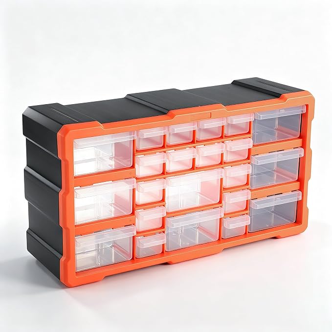 PurKeep 22 Compartment Plastic Tool Storage Box, Orange Hardware Organizer with Clear Drawers, Stackable Wall Mount Cabinet for Screws, Bolts, Craft Supplies, Garage Organization