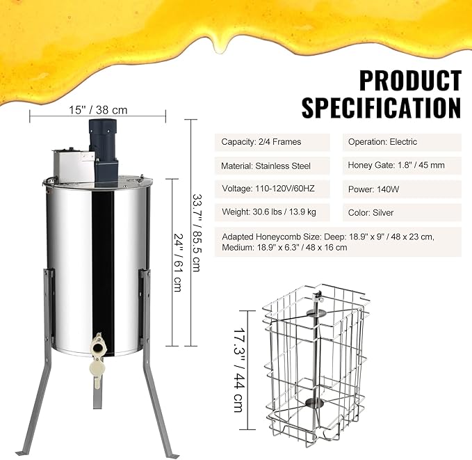 VEVOR Electric Honey Extractor, 2/4 Frame Stainless Steel Beekeeping Extraction, Honeycomb Drum Spinner with Transparent Lid, Apiary Centrifuge Equipment with Height Adjustable Stand