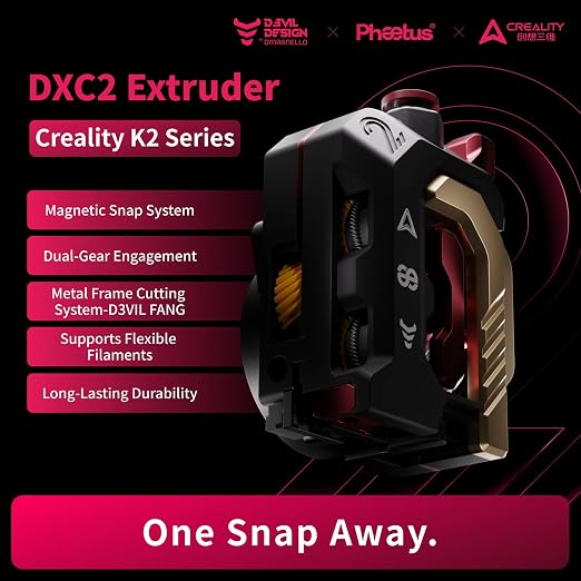 Phaetus DXC2 Extruder Upgrade for Creality K2 Series | Adaptive Pressure for TPU 65A to Carbon Fiber, Ultra-Wear-Resistant Gears