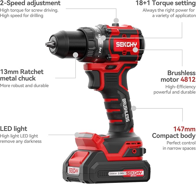 Brushless Power Drill Cordless，with battery and charger 70 N.m | 20V Electric drill cordless set 10 batches and storage bag 13 twist drills and storage bag，18+1 Position & 2100 RPM