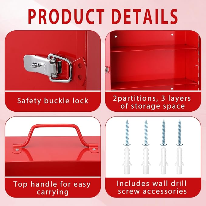 Timgle 1 Pcs First Aid Kit with Lock 3 Shelf Wall Mount Medicine Cabinet with Key Lock Handle Locking Medical Cabinet Lightweight Medium Wall Organizer Steel Storage Box for Business Worksite (Red)