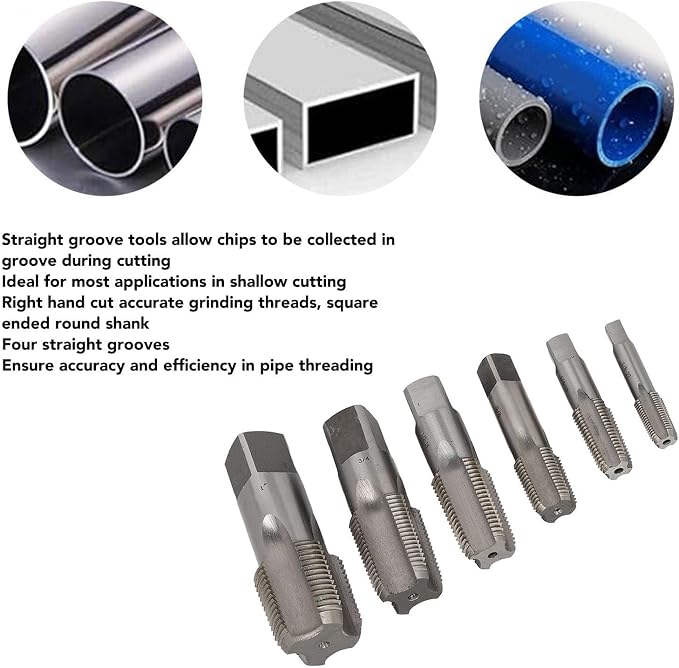 6Pcs Tap and Die Sets, 1 3/4 1/2 3/8 1/4 1/8 High Speed Steel NPT Pipe Tap Pipe Threader Drill Bits