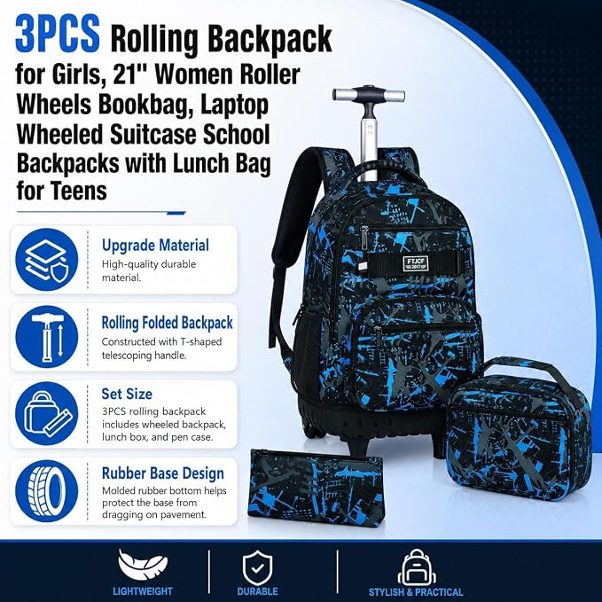 3Pcs Rolling Backpack for Boys Men, Travel Roller Backpacks with Wheels for Adults, Teens College Graffiti Wheeled Bookbag with Lunch Box(Blue)