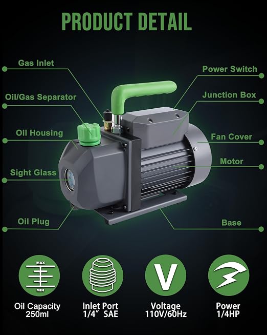 Lichamp 1/4 HP 3.5 CFM Vacuum Pump, HVAC Single Stage Vacuum Pump for R134a R410a R22 R12 and AC Gauges R134a R22 R12 R502 A/C Diagnostic Manifold Gauge Set with 5FT Hose