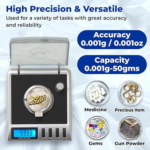 AWS Gemini-50 Milligram Scale 50g x 0.001g–Digital Jewelry/Lab Scale for Powder, Gold, Gems – Includes Calibration Weights, Tweezers & Tray–Tare, Cal, 6 Units (Gemini-50g-Black)
