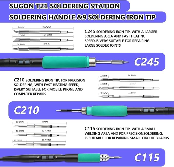 SUGON T21 Digital Soldering Iron Station 120w, Use 9 Soldering Iron Tip 3 Seconds Fast Heat up 716℉, 3 Temperature Memory Storage, 212℉-842℉, Auto Sleep, C / °F, Quick Change Soldering Tip Holder