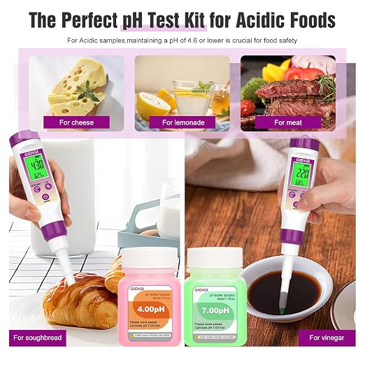 pH Meter for Food, Digital Electronic pH Tester for Fermentation, 3 * 50ml pH Calibration Solution Kits Hot Sauce, Food Tester Probe for Cheese, Sourdough, Salsa, pH Test Strips for Acidity