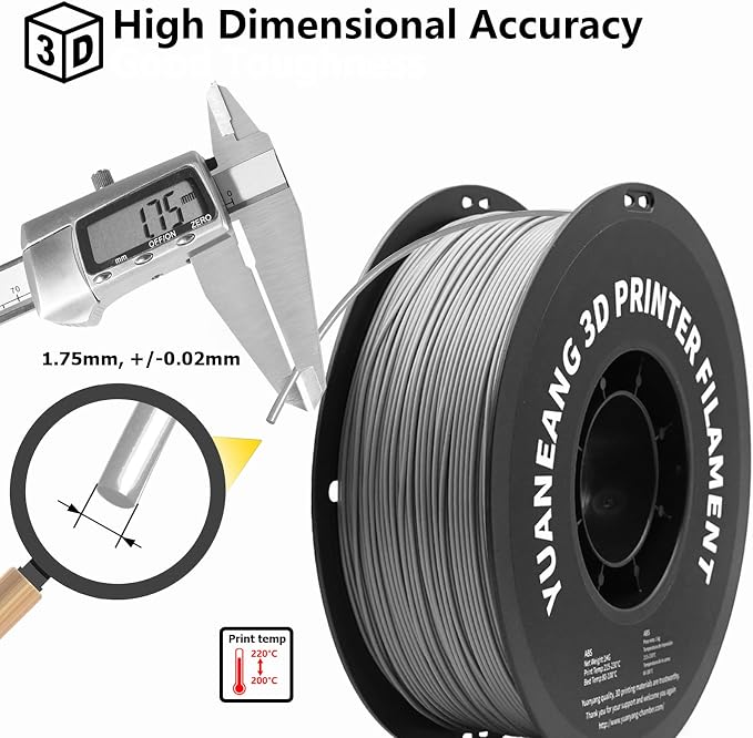 ABS 3D Printer Filament 1.75mm Gray, 1kg Spool, Strong & Durable ABS Material, High Heat Resistance, Low Warping, ±0.03mm Precision, Ideal for Functional Parts, Prototypes