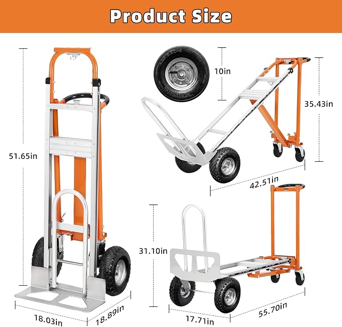 Aluminum 4 in 1 Convertible Hand Truck Dolly, 1000Lbs Capacity, Heavy Duty Folding Hand Truck Dolly Cart with Wheels 10" All-Terrain Tires, Hand Trucks for Logistics, Moving Home, Shopping, Office